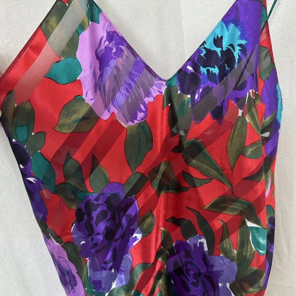 Lucie Ann II Whimsy Coquette Floral Sheer Shadow Stripe Chemise Nightie S Vtg